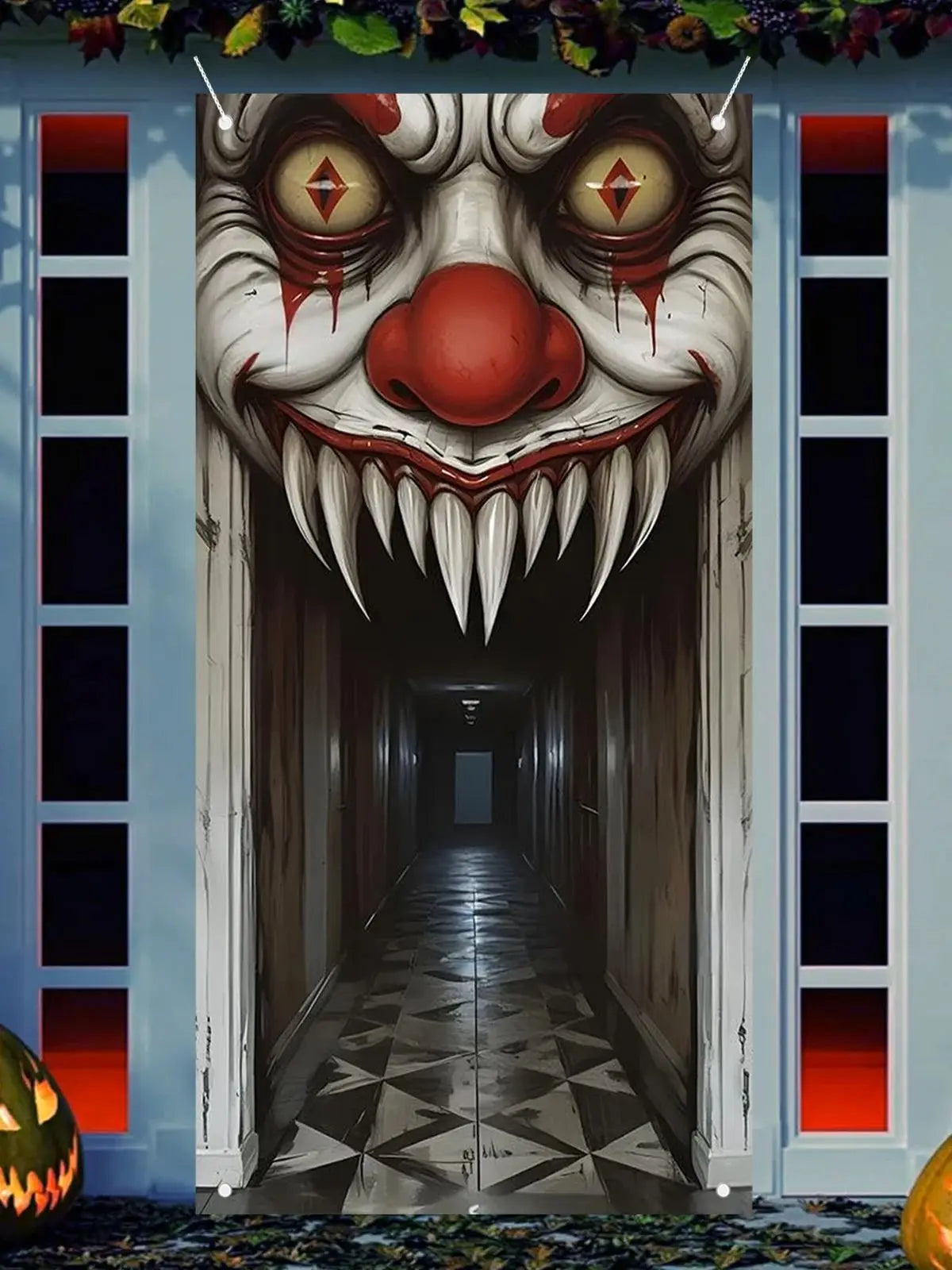 Halloween Decorations Door Cover,Spooky Witch and Zombie Theme Wall Decor,Indoor Outdoor Haunted House Themed Decoration 2D Scen