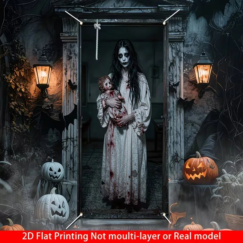 180x90cm Halloween Door Banner Polyester Ghost Hospital Scary Head Scene Decoration Halloween Party Supplies Photography