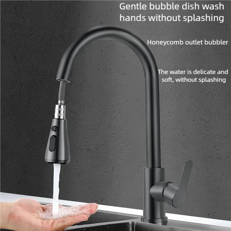 Kitchen Faucets 304 Stainless Steel Pull Out Kitchen Sink Water Tap Deck Mounted Mixer Stream Sprayer Head Hot Cold Taps