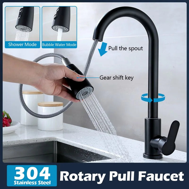 Kitchen Faucets 304 Stainless Steel Pull Out Kitchen Sink Water Tap Deck Mounted Mixer Stream Sprayer Head Hot Cold Taps