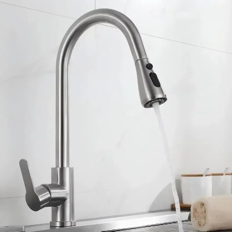 Kitchen Faucets 304 Stainless Steel Pull Out Kitchen Sink Water Tap Deck Mounted Mixer Stream Sprayer Head Hot Cold Taps