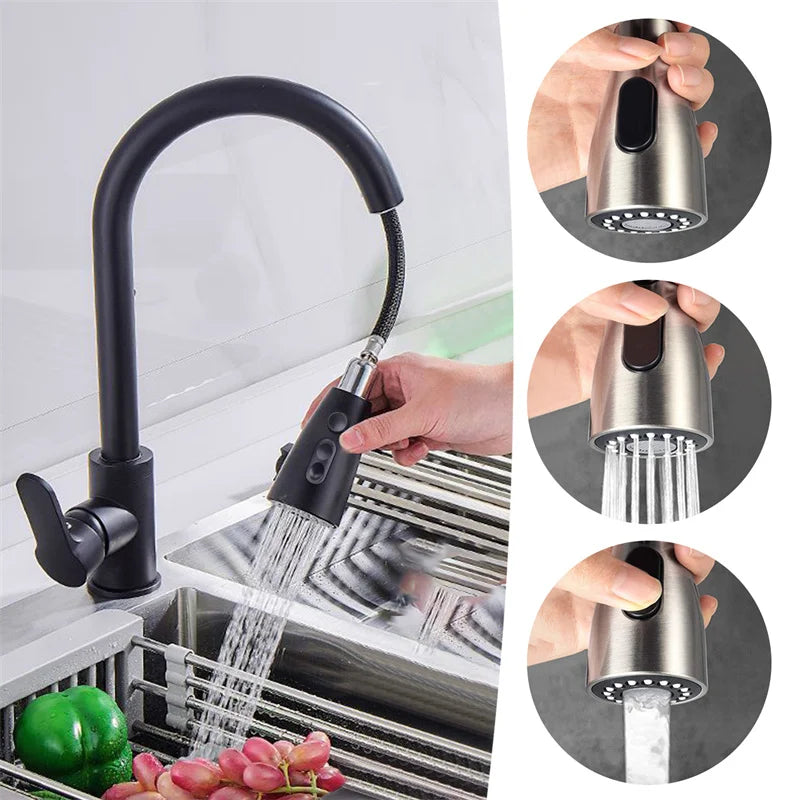 Kitchen Faucets 304 Stainless Steel Pull Out Kitchen Sink Water Tap Deck Mounted Mixer Stream Sprayer Head Hot Cold Taps