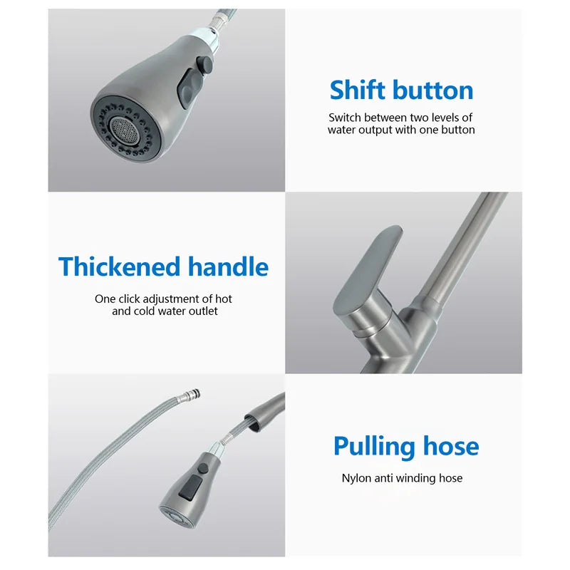 Kitchen Faucets 304 Stainless Steel Pull Out Kitchen Sink Water Tap Deck Mounted Mixer Stream Sprayer Head Hot Cold Taps