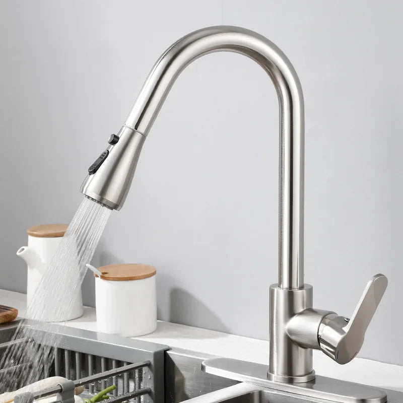 Kitchen Faucets 304 Stainless Steel Pull Out Kitchen Sink Water Tap Deck Mounted Mixer Stream Sprayer Head Hot Cold Taps