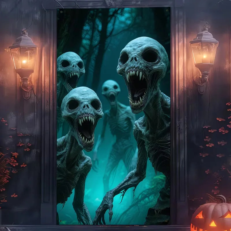 180x90cm Halloween Door Banner Polyester Ghost Hospital Scary Head Scene Decoration Halloween Party Supplies Photography