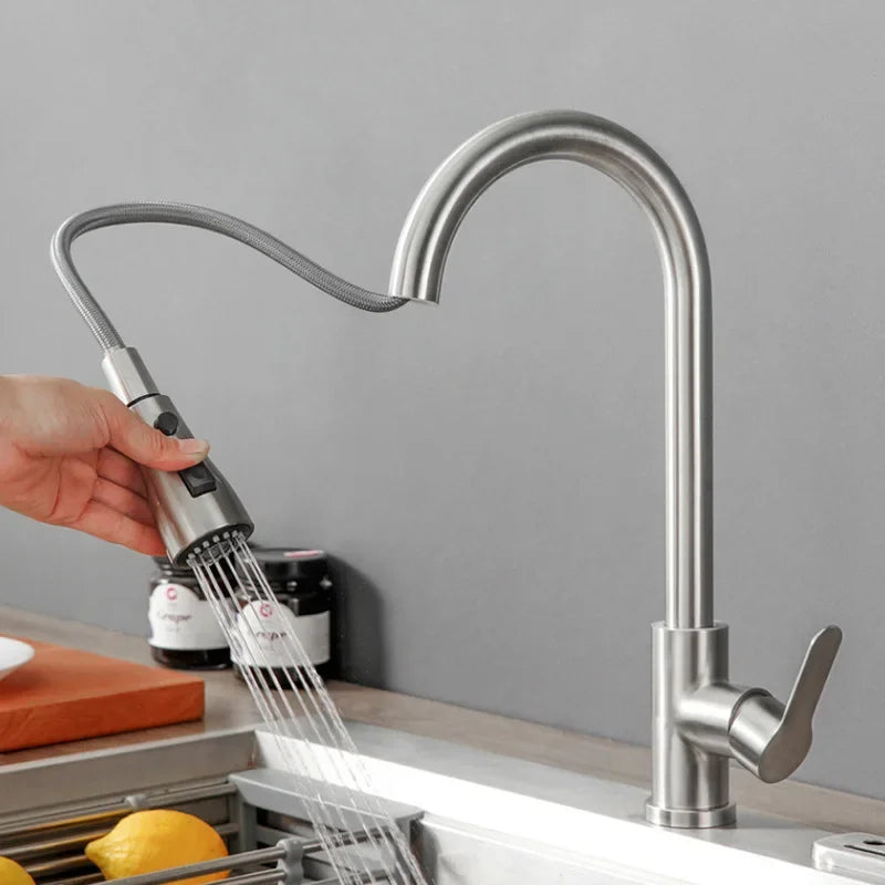 Kitchen Faucets 304 Stainless Steel Pull Out Kitchen Sink Water Tap Deck Mounted Mixer Stream Sprayer Head Hot Cold Taps