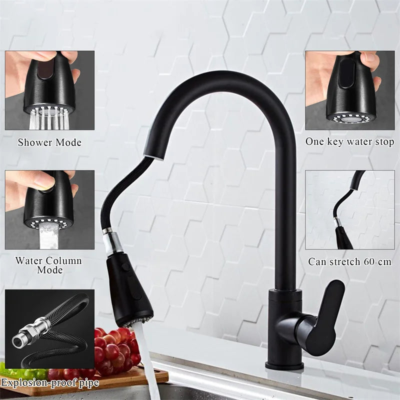 Kitchen Faucets 304 Stainless Steel Pull Out Kitchen Sink Water Tap Deck Mounted Mixer Stream Sprayer Head Hot Cold Taps