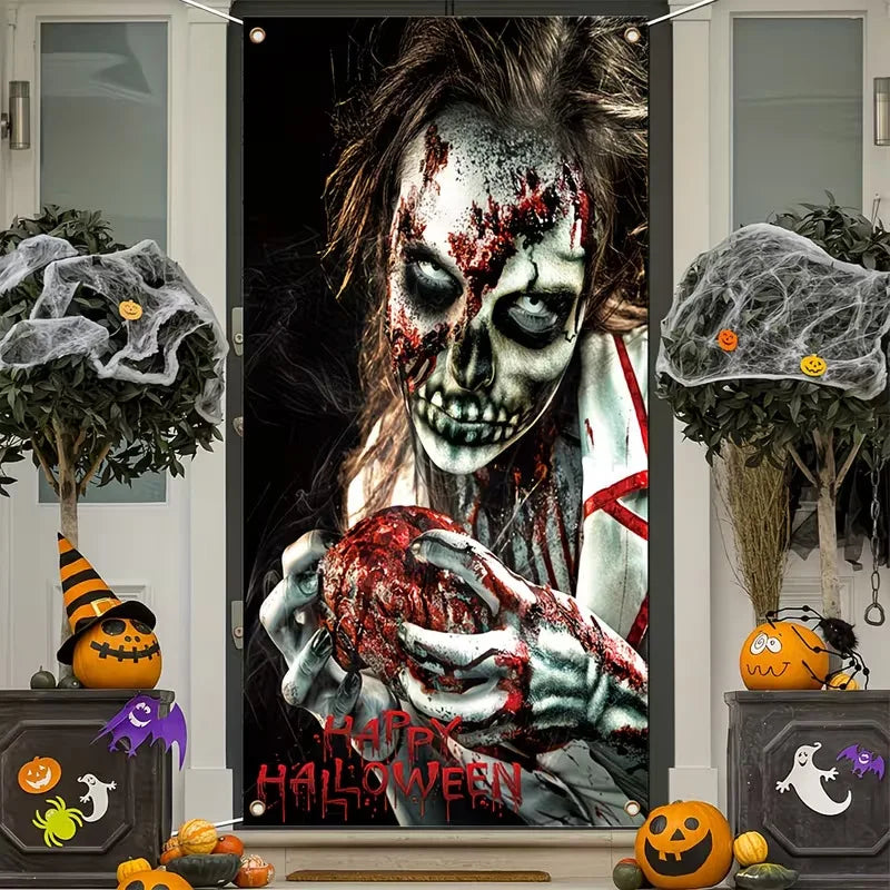 180x90cm Halloween Door Banner Polyester Ghost Hospital Scary Head Scene Decoration Halloween Party Supplies Photography